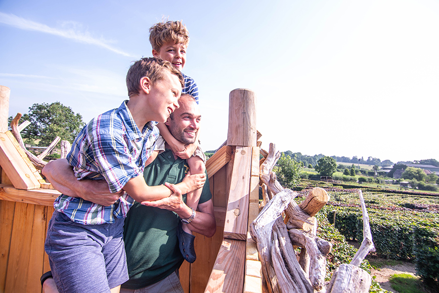 A Family on top of the lookout tower over a maze